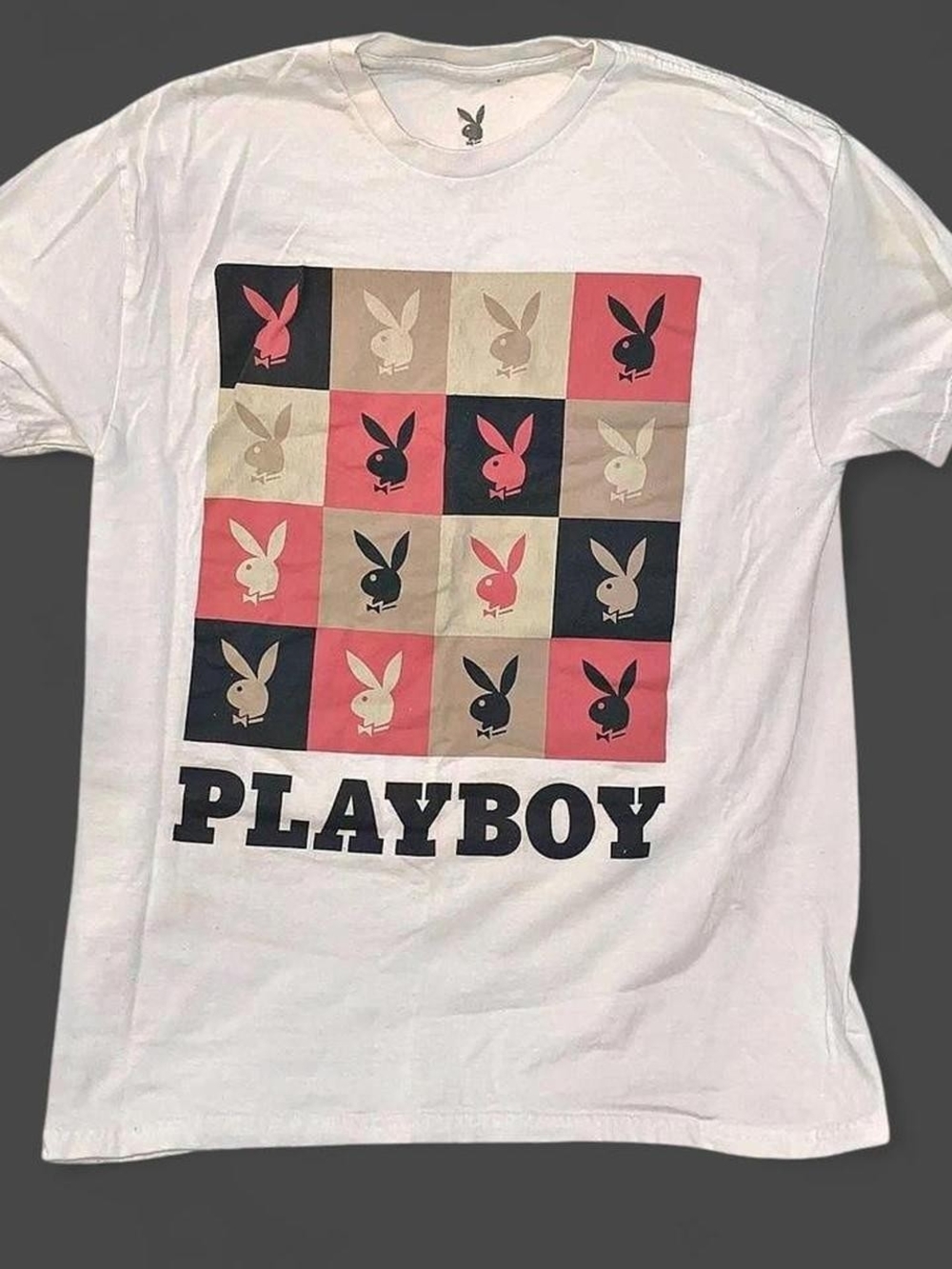 PLAYBOY White Tee with Multicolor Bunny Grid